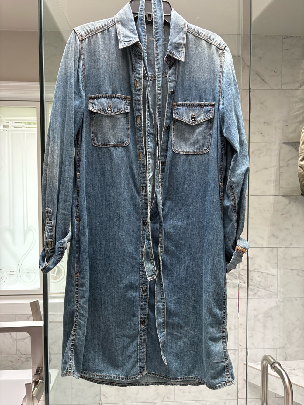 Denim Shirt Dress with Waist Tie